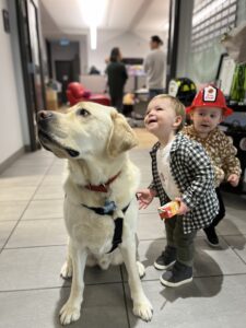 Small child, big lab dog playing at Burn Fund Centre